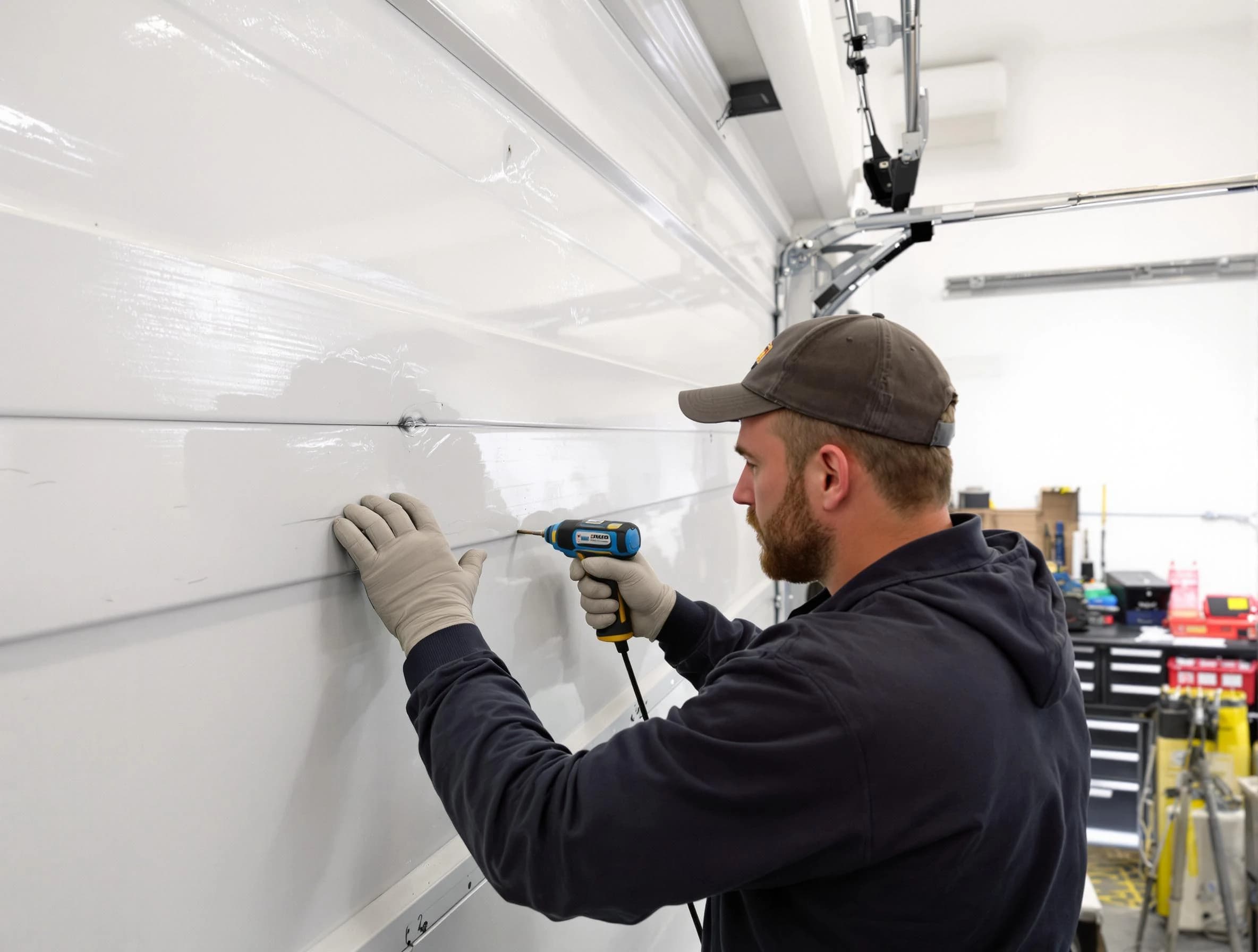 Mountain Brook Garage Door Repair technician demonstrating precision dent removal techniques on a Mountain Brook garage door