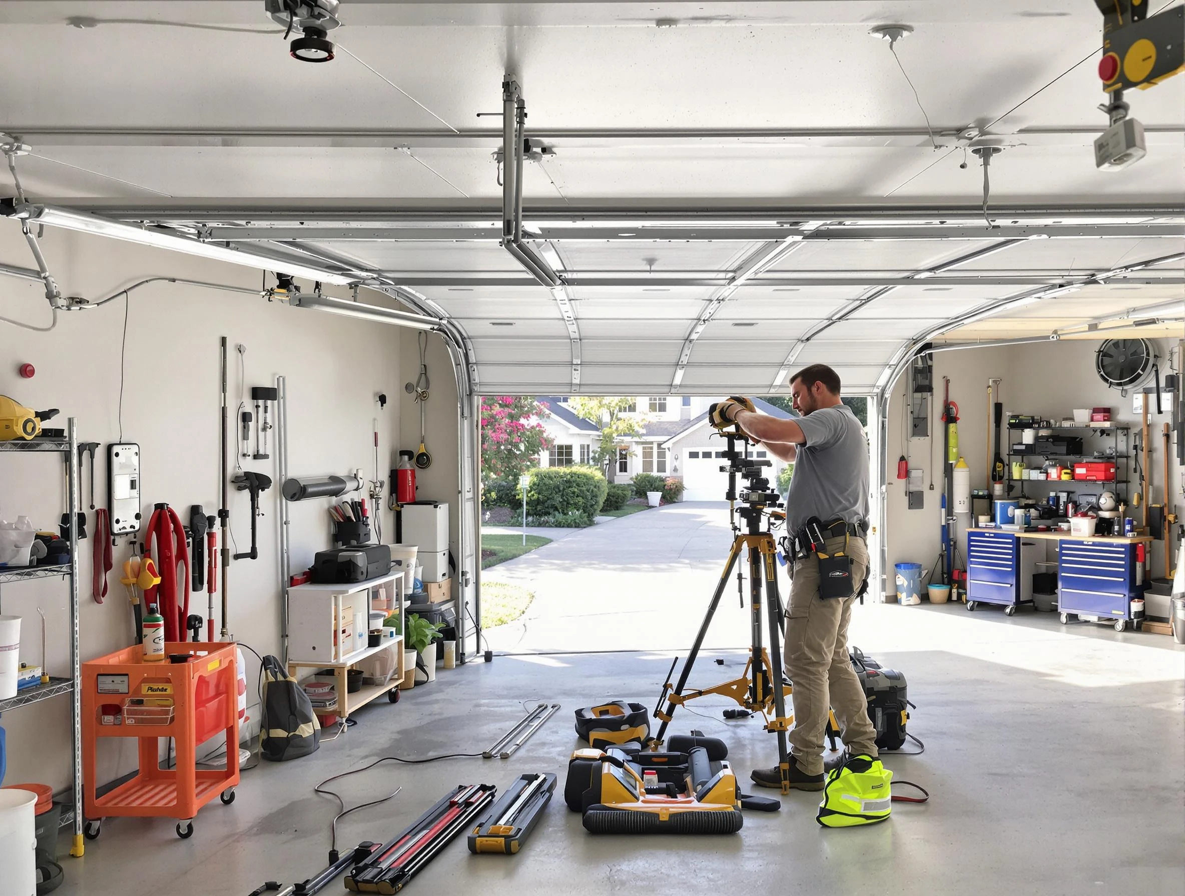 Mountain Brook Garage Door Repair specialist performing laser-guided track alignment in Mountain Brook